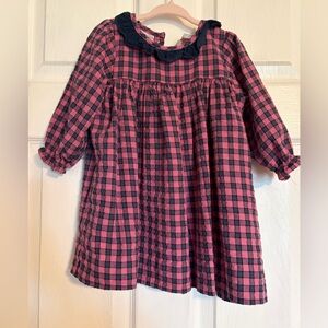 Kids Pink and navy Plaid Long-Sleeve Dress with Ruffle Collar